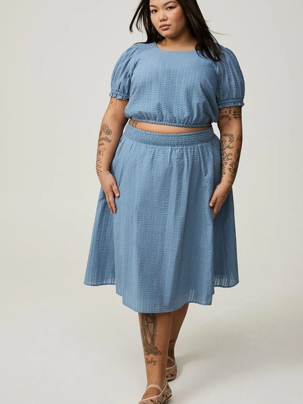 Torrid Midi Seersucker Smocked Skirt Set Size 1X Sky Blue
